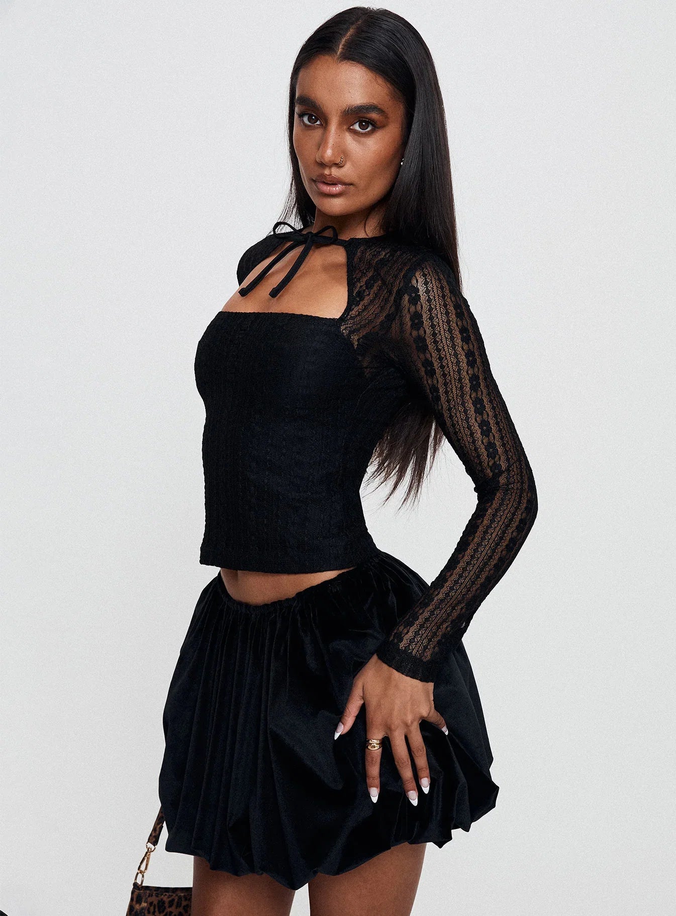Worth My Time Tie Neck Cut Out Top Black