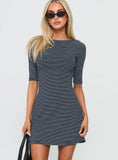 Evyna Boat Neck 3 4 Sleeve Mini Dress Navy Stripe