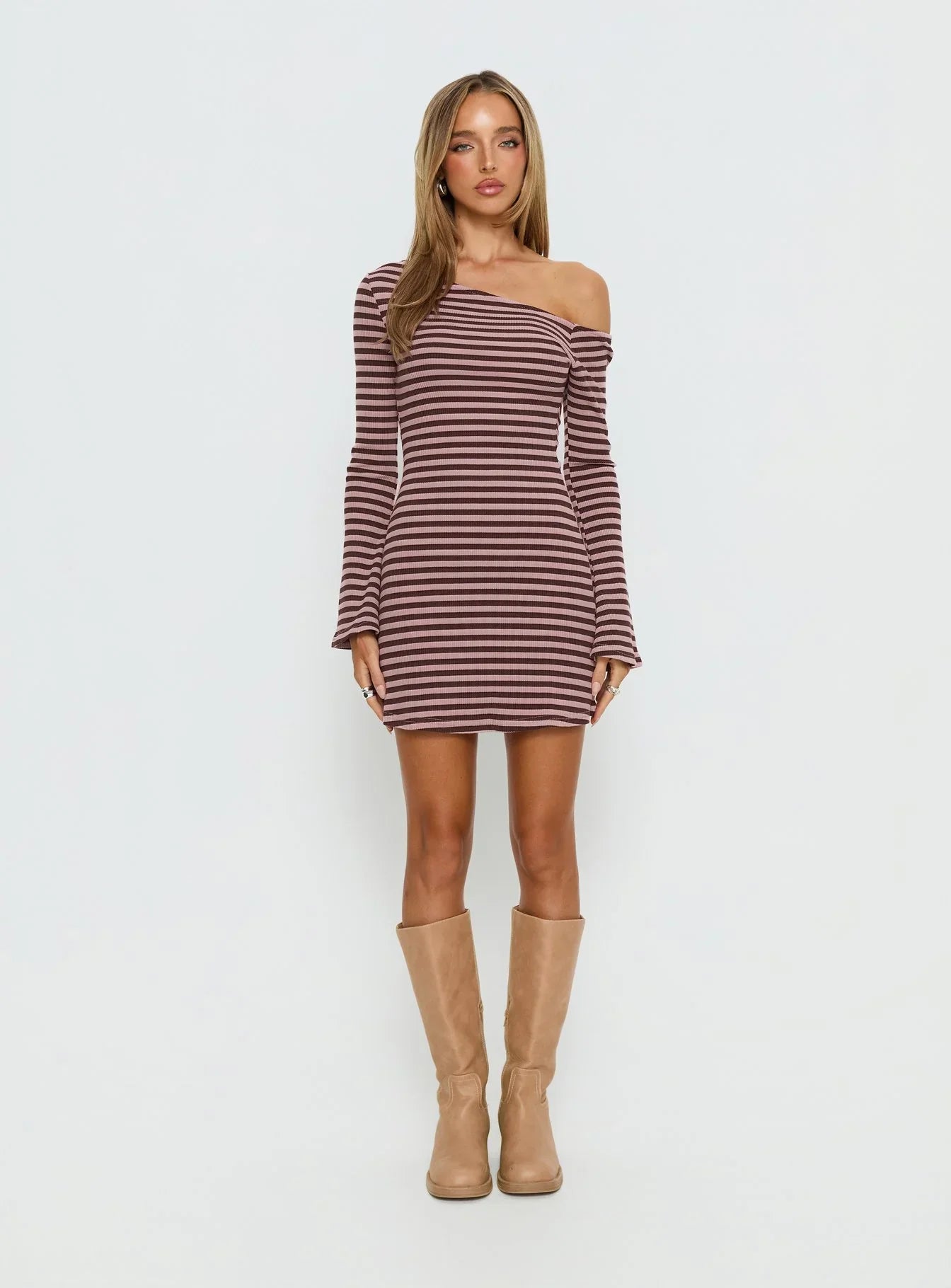 Adrietta Long Sleeve Off Shoulder Mini Dress Chocolate Pink Stripe