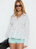 As You Are Shirred Button Up Top White Polka