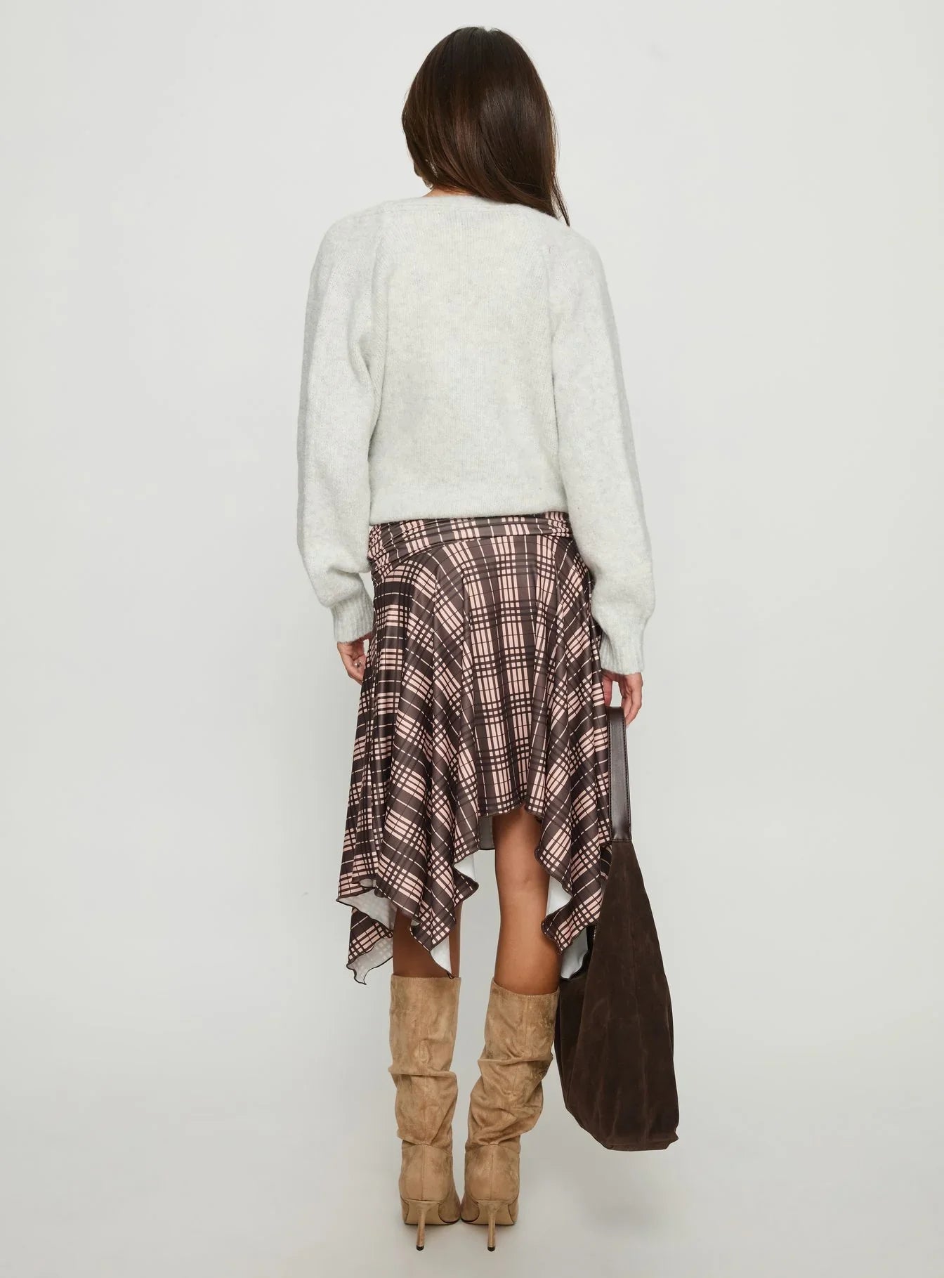 Scholar Asymmetrical Midi Skirt Brown Check