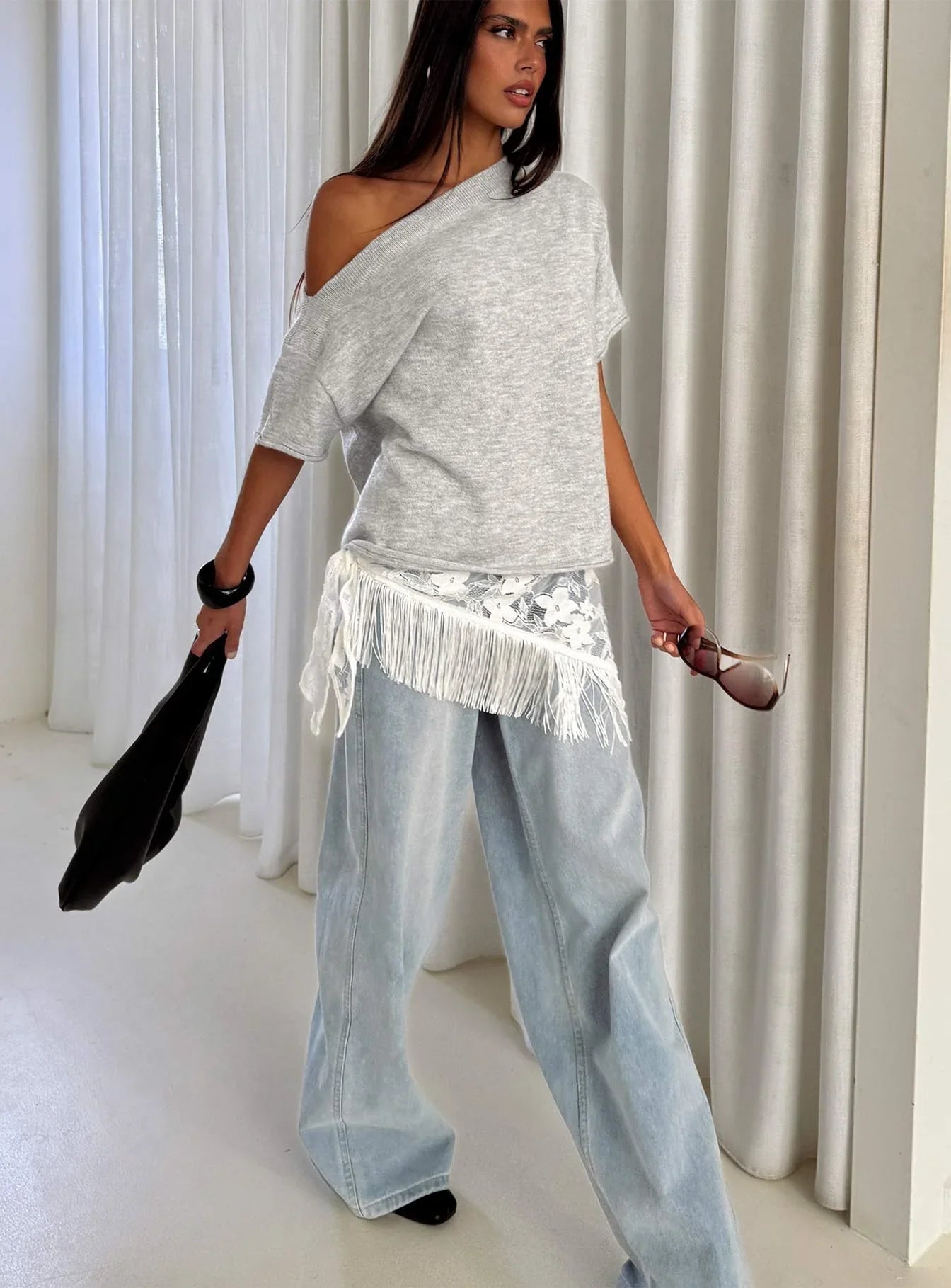 Kourta Off Shoulder Oversized Knit Top Grey Marle