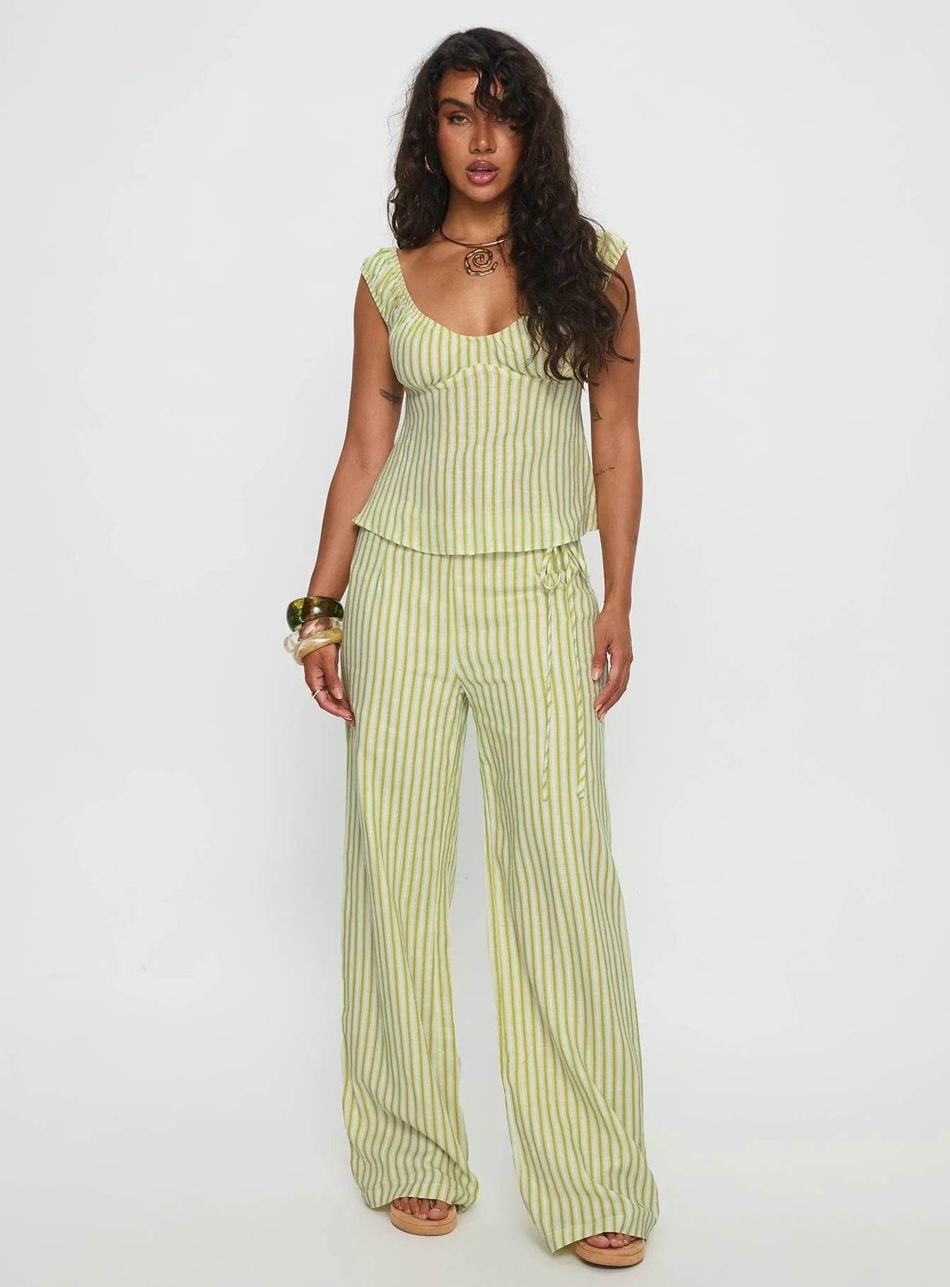 With Pleasure Tie Side Pant Green Blue Stripe