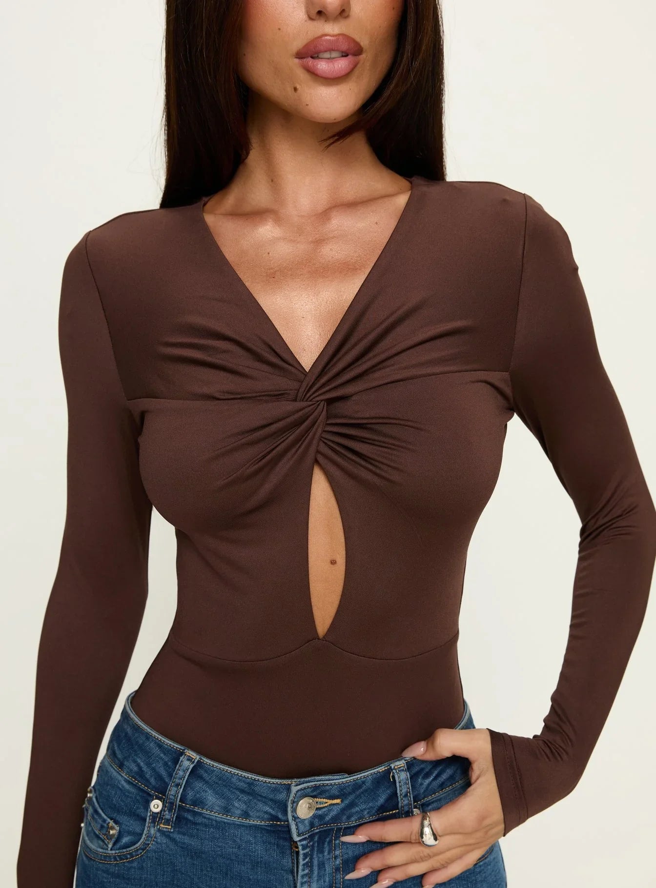 Vennie Twist Front Long Sleeve Bodysuit Brown
