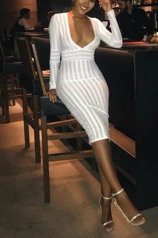 Olivia Long Sleeve Bandage Midi Dress White Pearl Sale