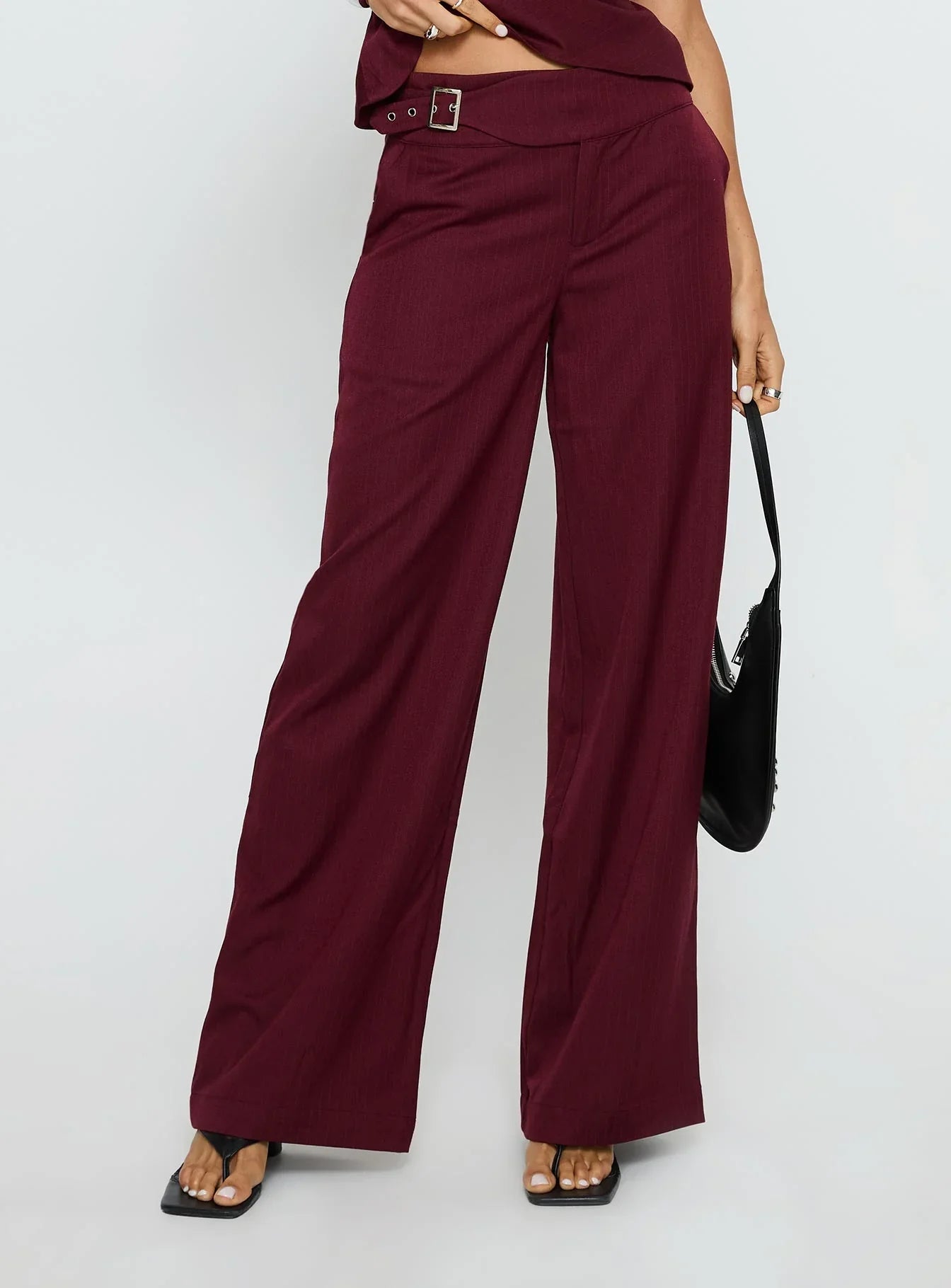Jinny Relaxed Buckle Tailored Pants Berry Pinstripe