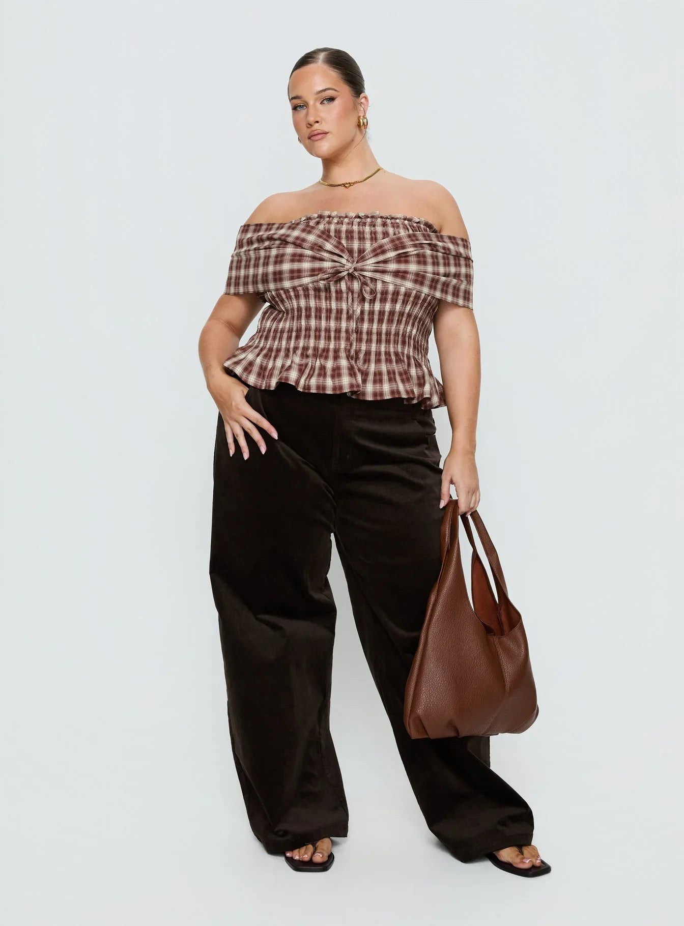 Avalynn Off Shoulder Shirred Top Brown Check Curve