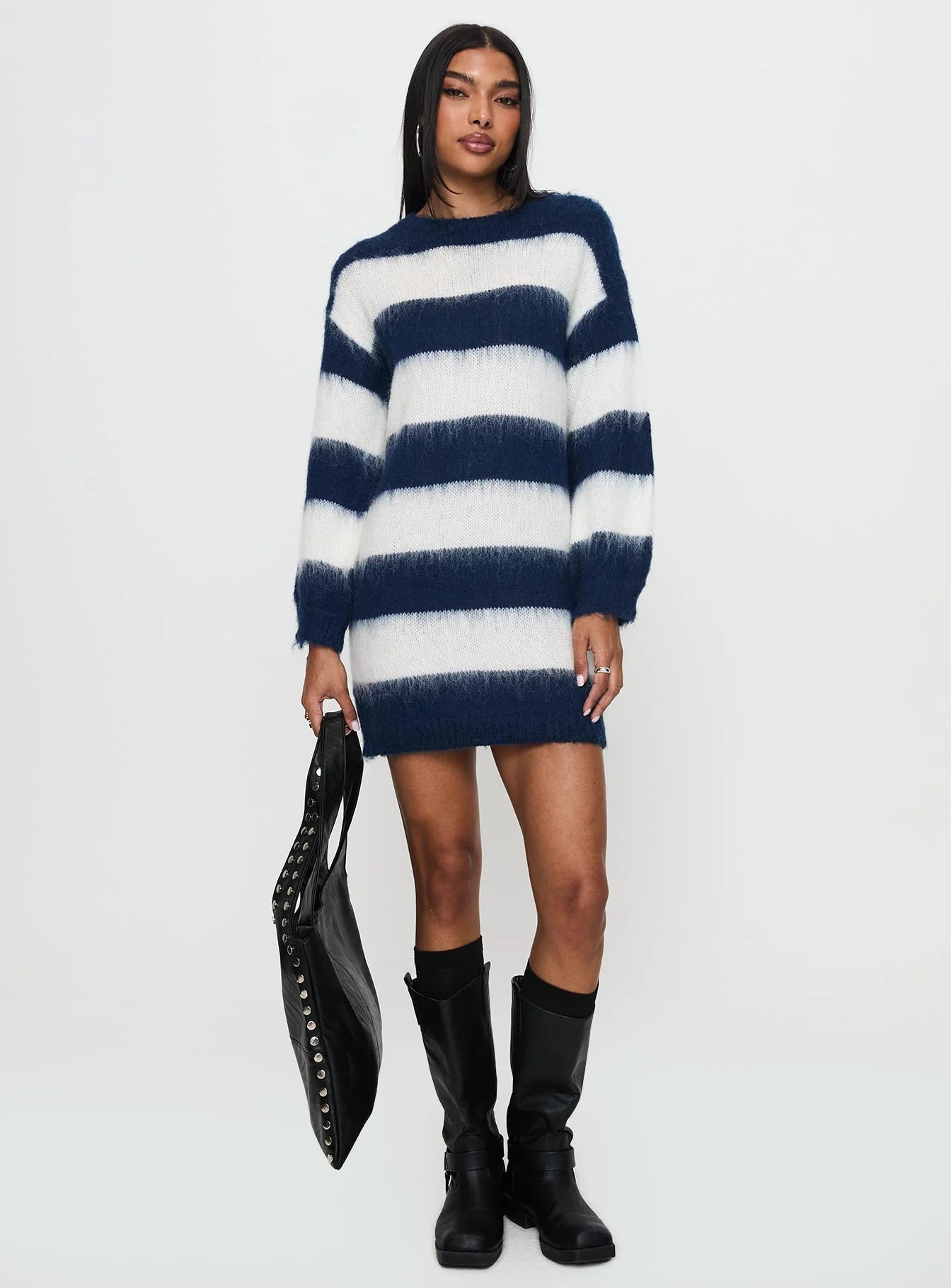Iryna Long Sleeve Knit Mini Dress Navy White Stripe