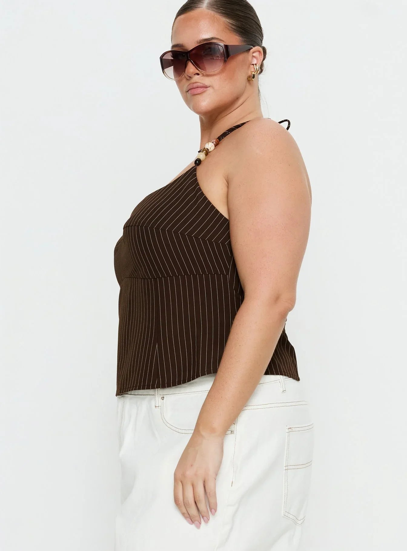 Cherise Bead Detail Top Brown Pinstripe Curve