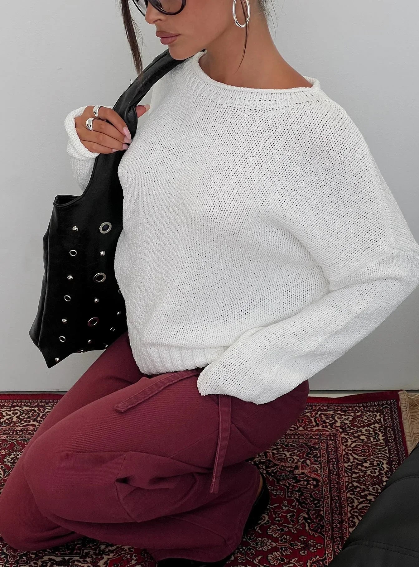 Reannon Wide Neck Knit Sweater White