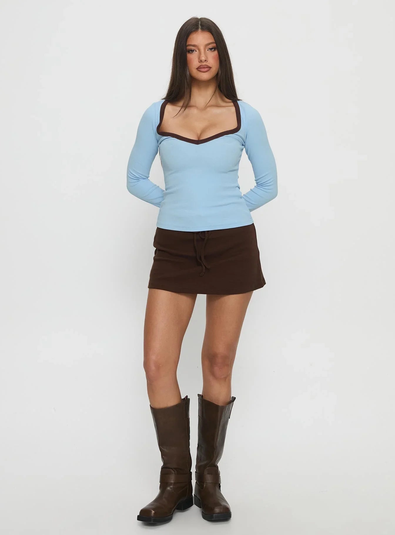 Baseline V Neck Long Sleeve Top Blue Brown