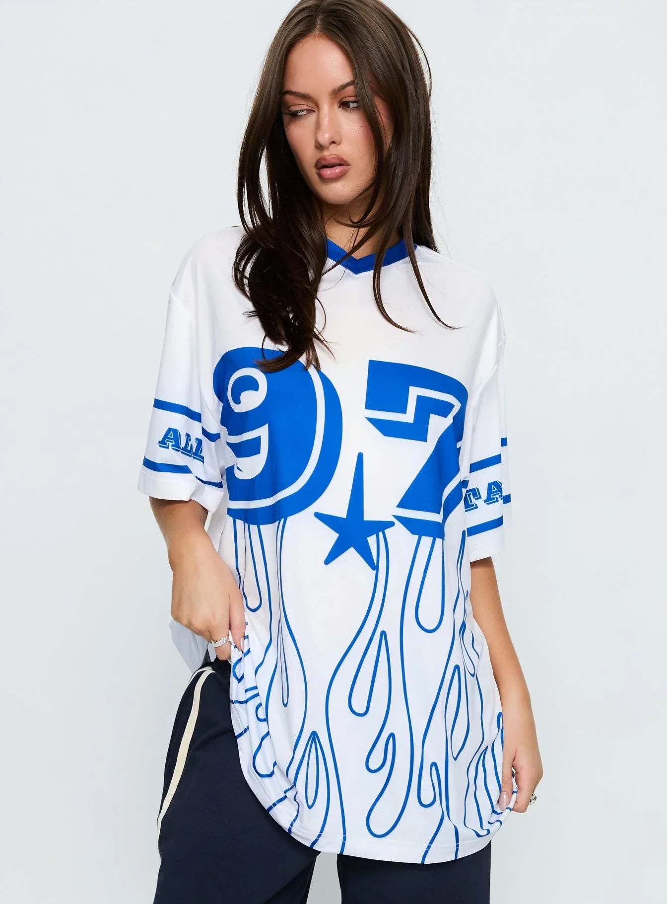 97 Sportstar Oversized Jersey Graphic Top White Blue