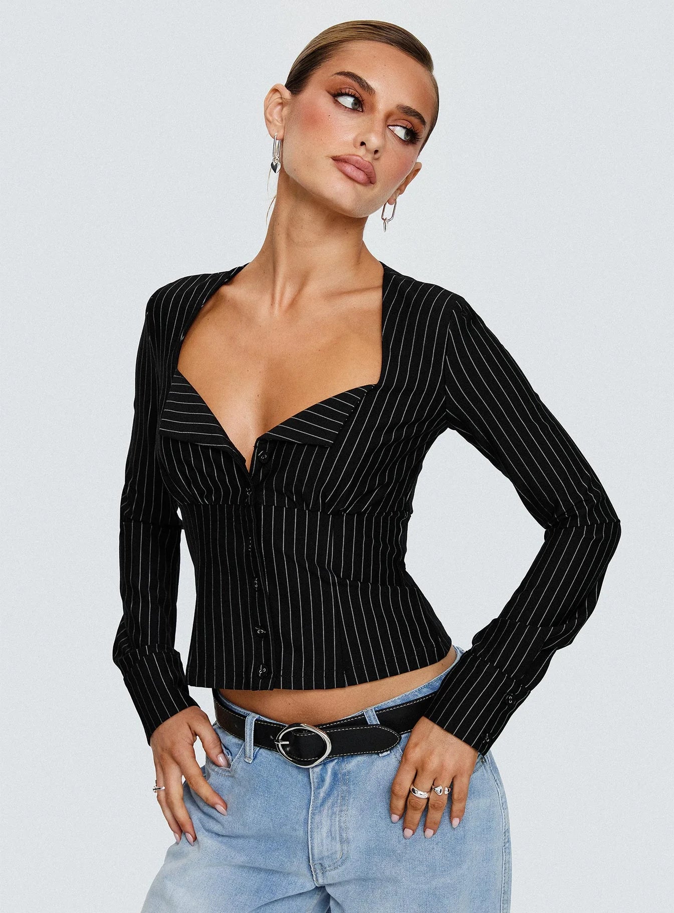 Set For Life Foldover Detail Long Sleeve Top Black White Pinstripe