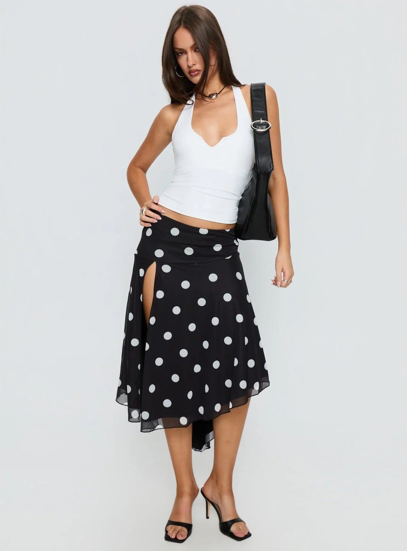 Dulciana High Split Asymmetrical Midi Skirt Black Polka Dot