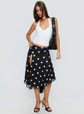 Dulciana High Split Asymmetrical Midi Skirt Black Polka Dot