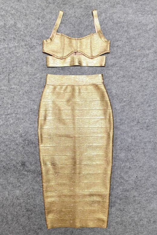 Selene Bandage Crop Top and Midi Skirt Set Gold