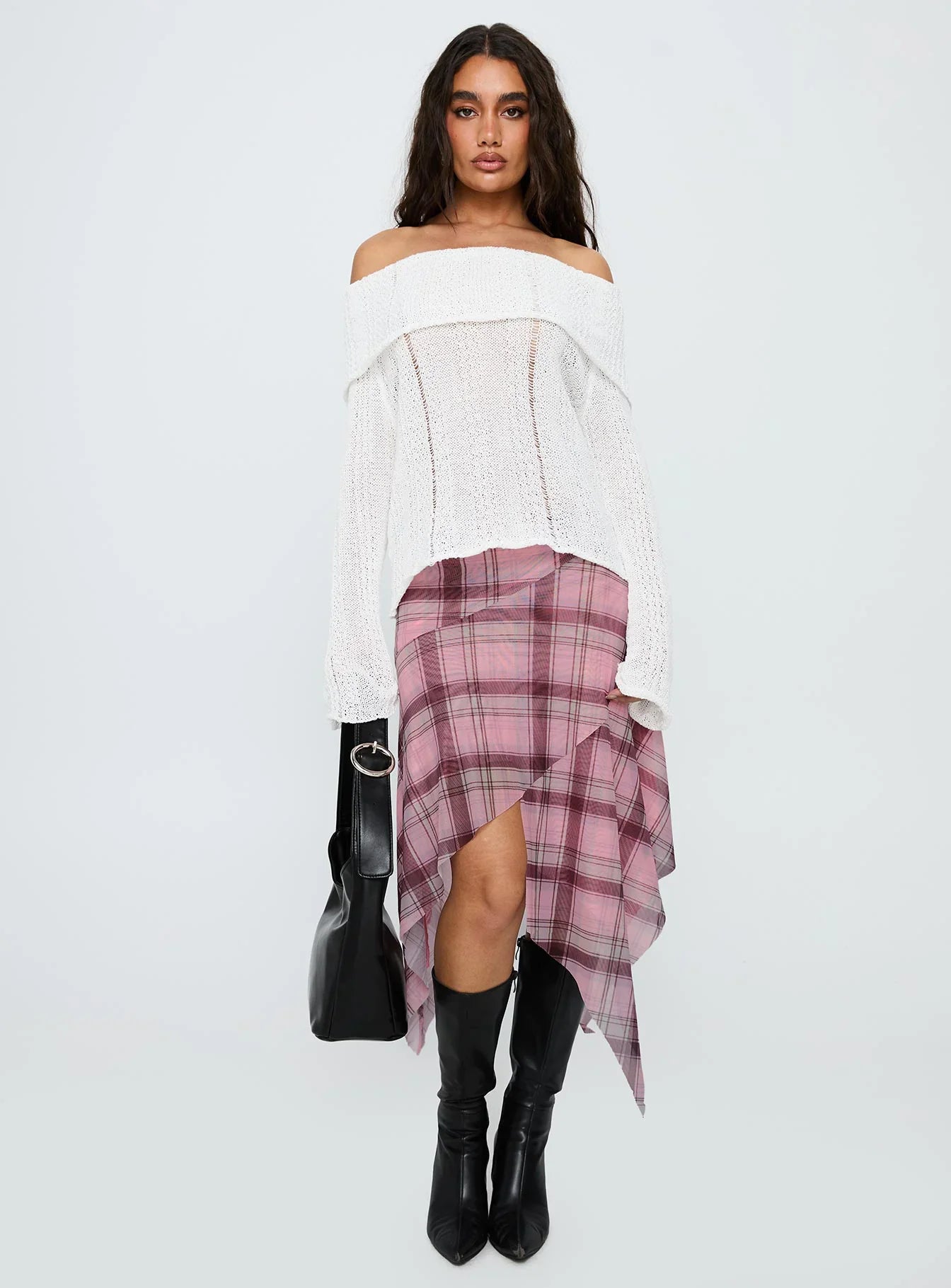Anali Asymmetrical Midi Skirt Pink Multi Check