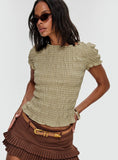 Romelle Shirred Top Green Brown Plaid