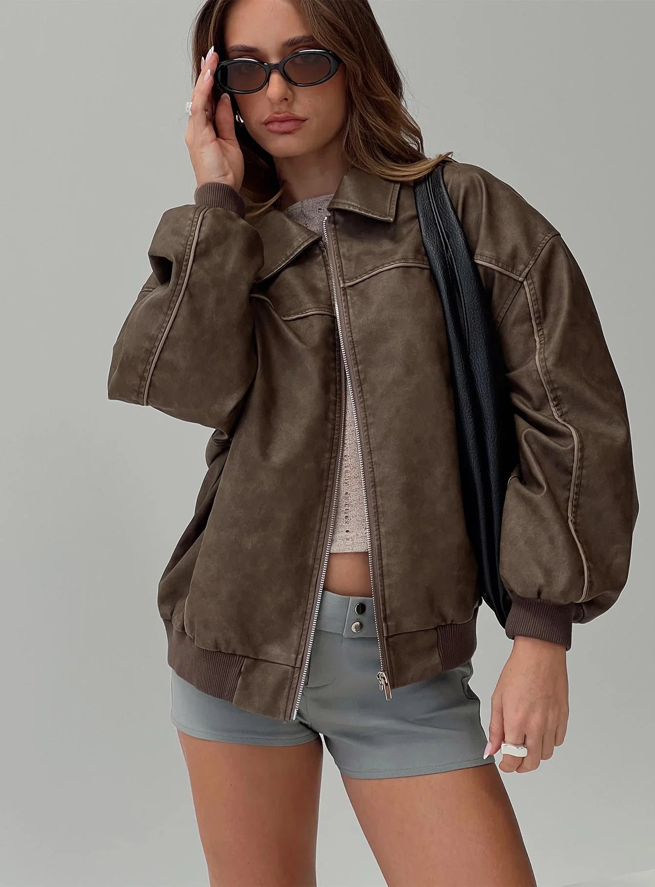 Goldsmith Faux Leather Bomber Jacket Washed Dark Brown