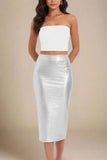 High Waist Leather Pencil Skirt Midi Length Metallic Silver