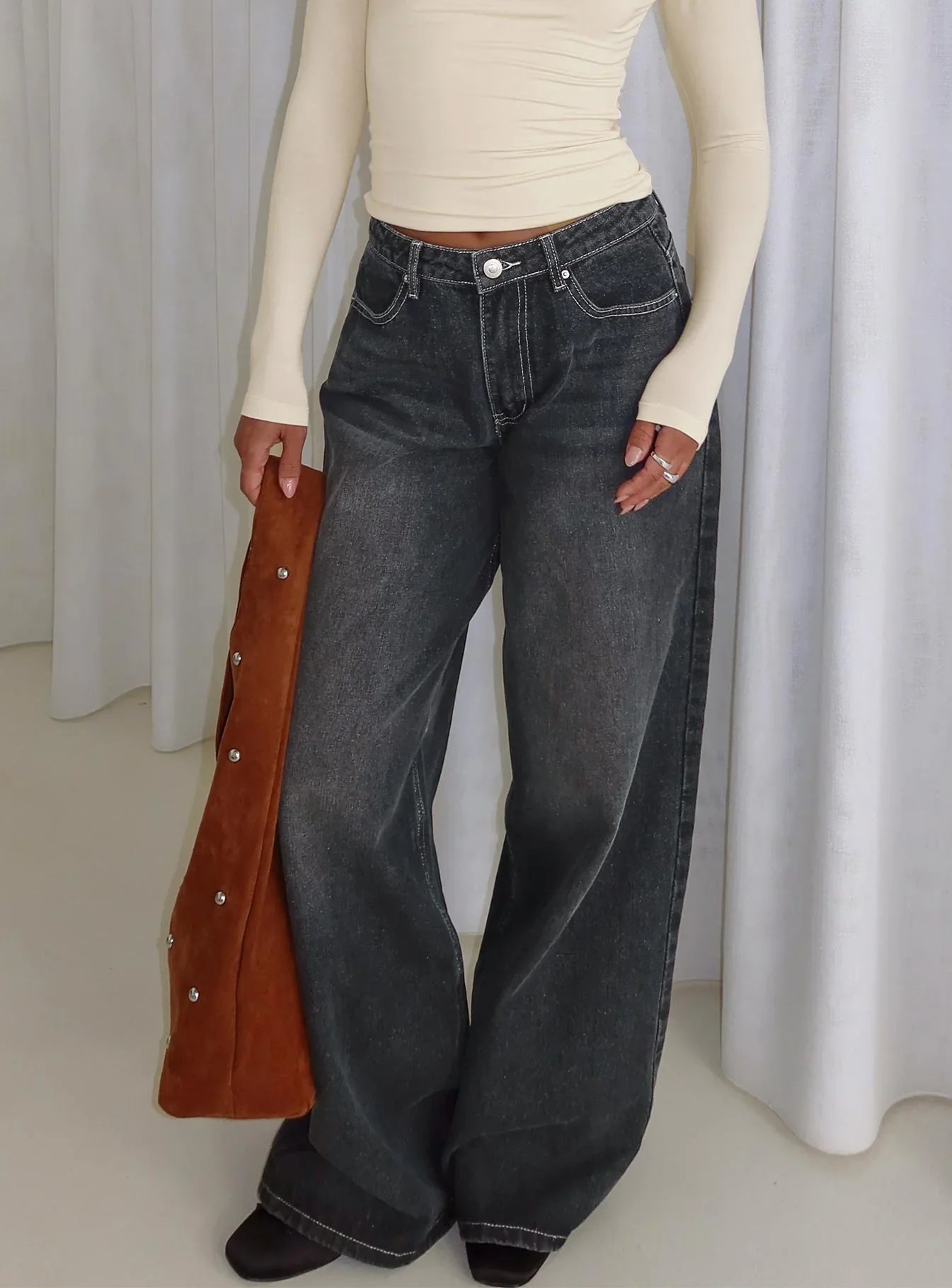 Naylor Mid Rise Wide Leg Jeans Grey Wash