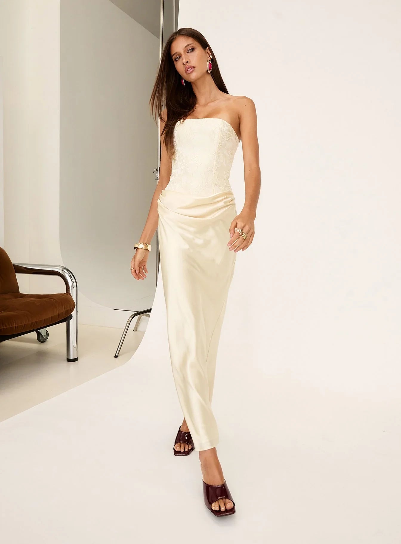 Jenevieve Strapless Drape Maxi Dress Lemon