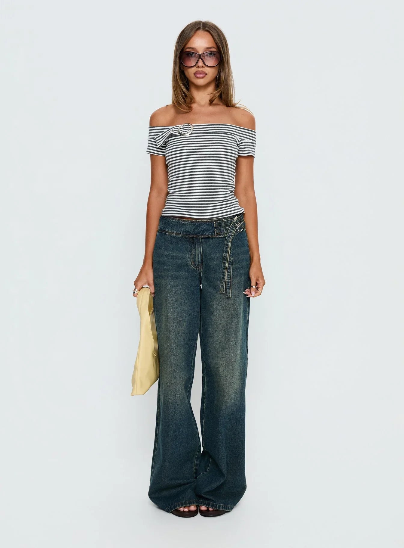 Kiela Off Shoulder Hardware Detail Top Grey / White Stripe