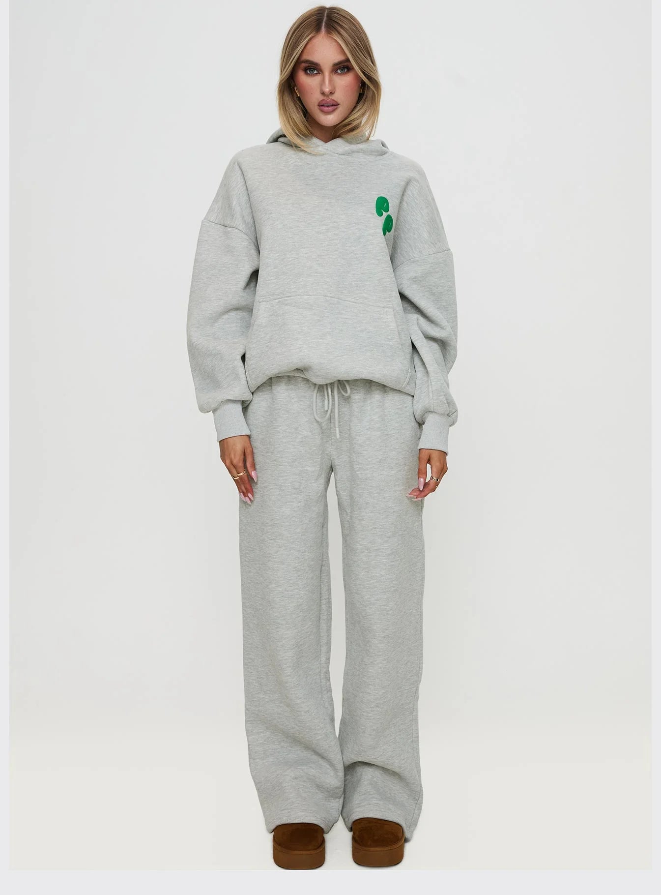 Princess Polly Wide Leg Track Pant Bubble Text Grey Marle Green