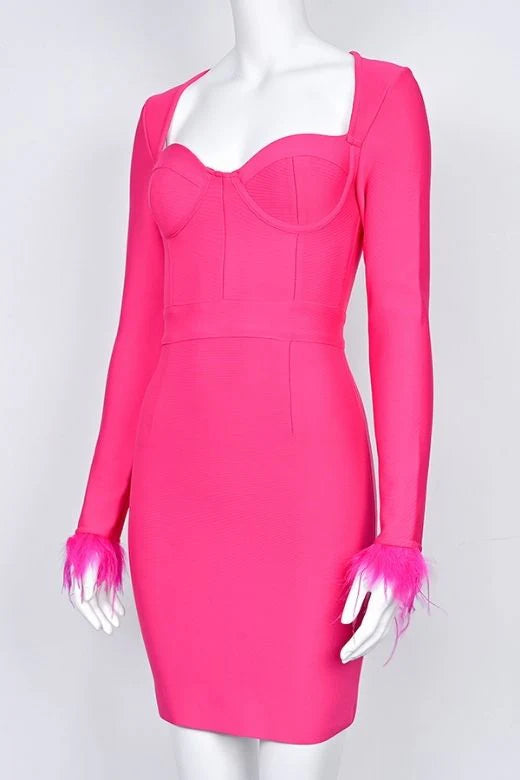 Erin Long Sleeve Bandage Mini Dress Hot Pink