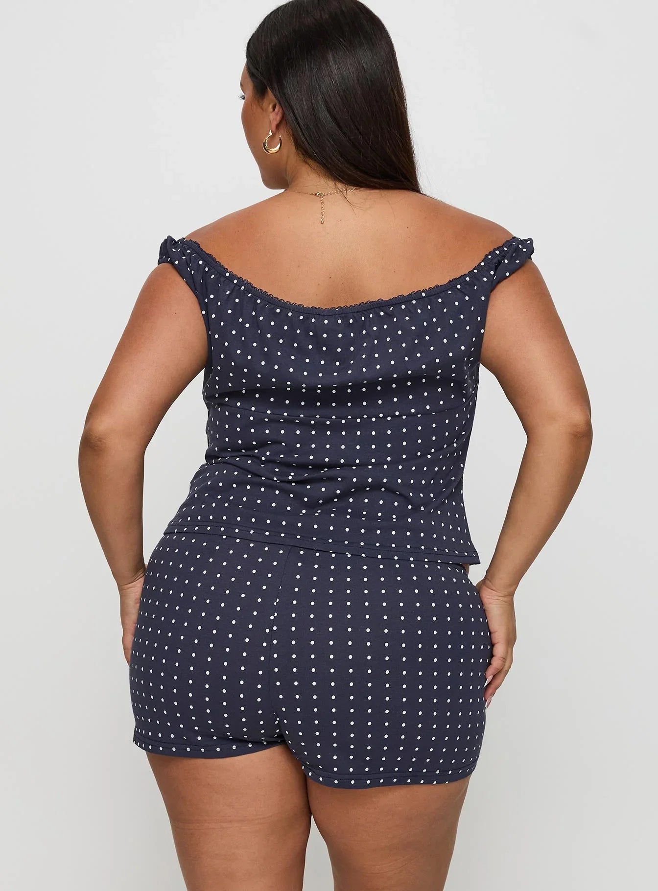 Drift Away Off The Shoulder Sleep Set Navy Dot Curve