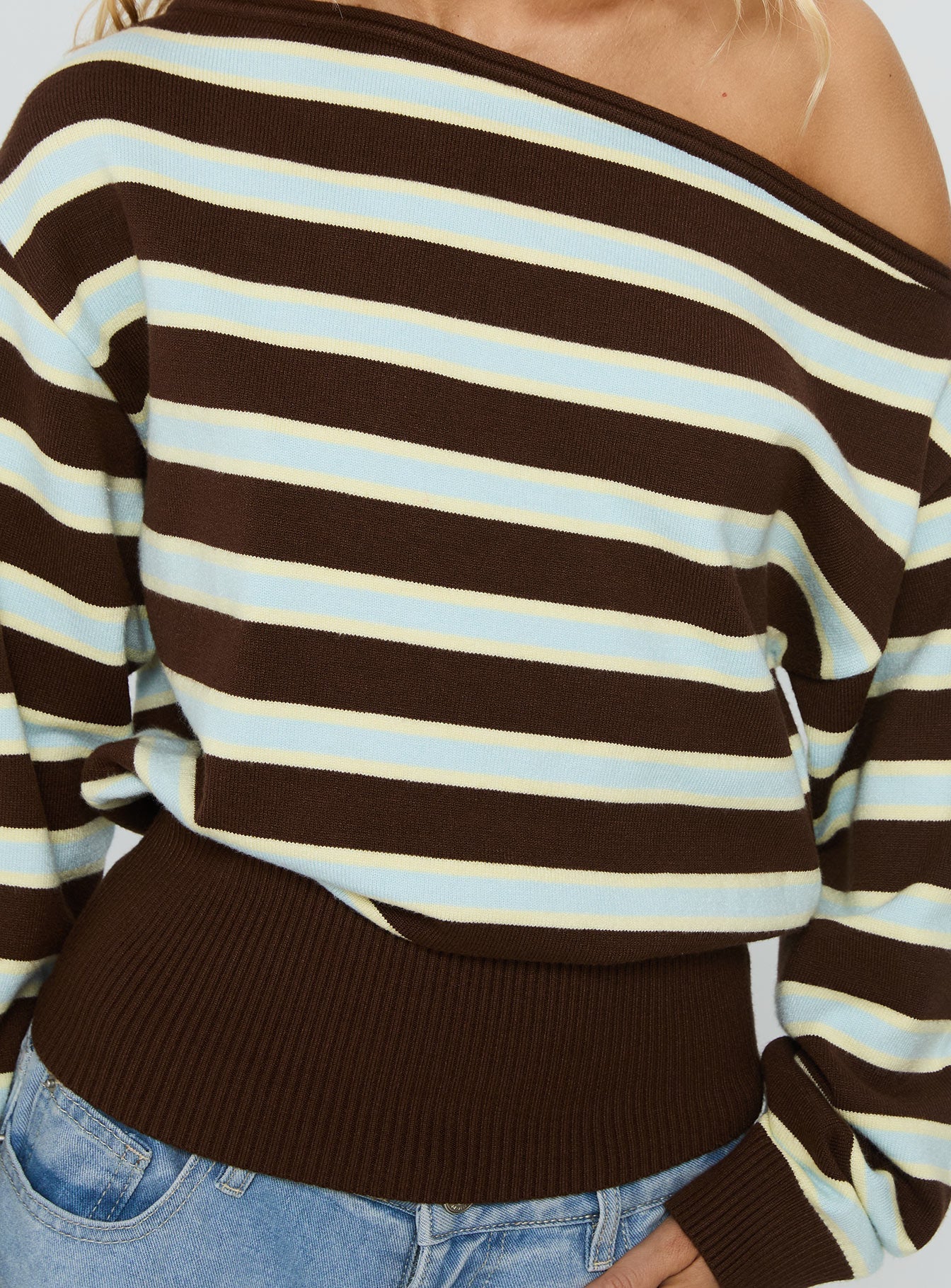 Zinia Off Shoulder Knit Sweater Brown Blue Stripe