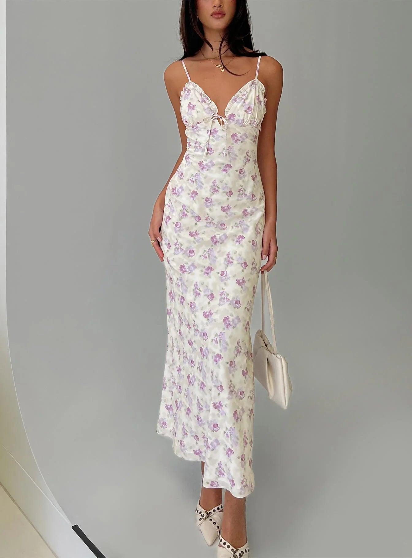 Jessamine Frill Maxi Dress White Lilac