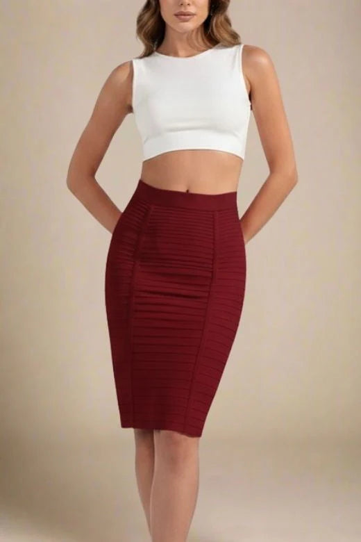 Pencil Bandage Knitted Knee Length Skirt Red Wine
