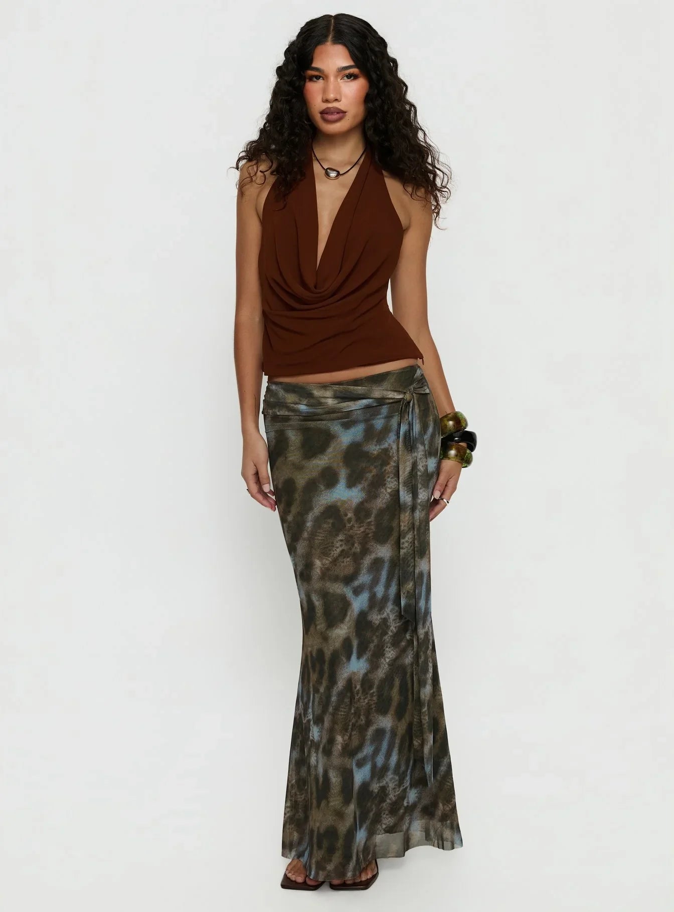 Annina Plunge Neck Backless Halter Top Chocolate