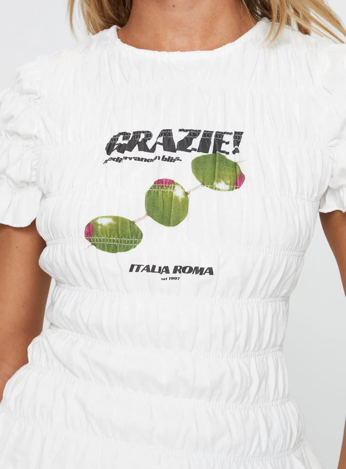 Grazie Mille Shirred Graphic Top White Green