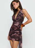Florise Halter Plunge Mini Dress Black Floral