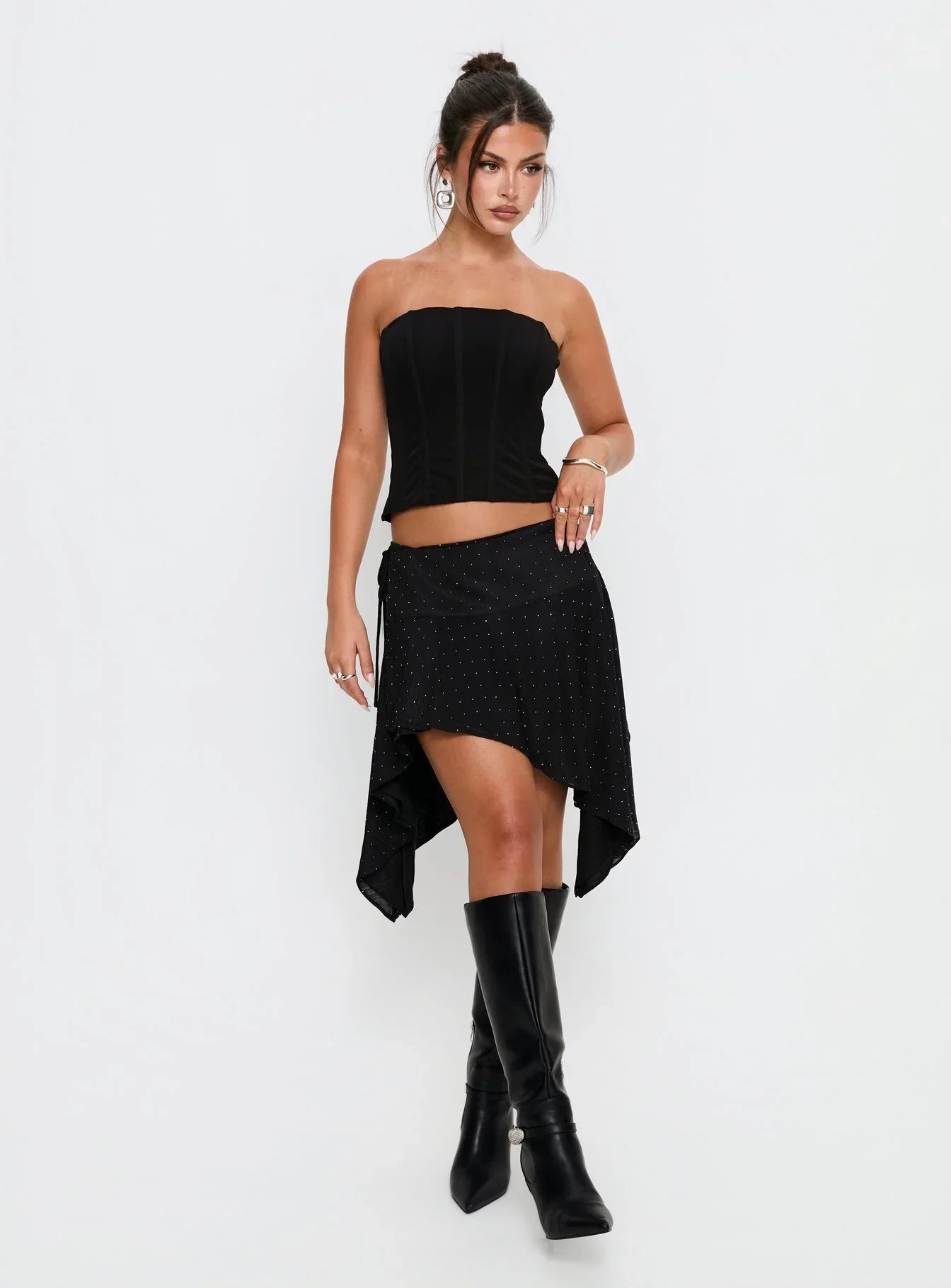 Hevenna Asymmetrical Plisse Mini Skirt Black Diamante
