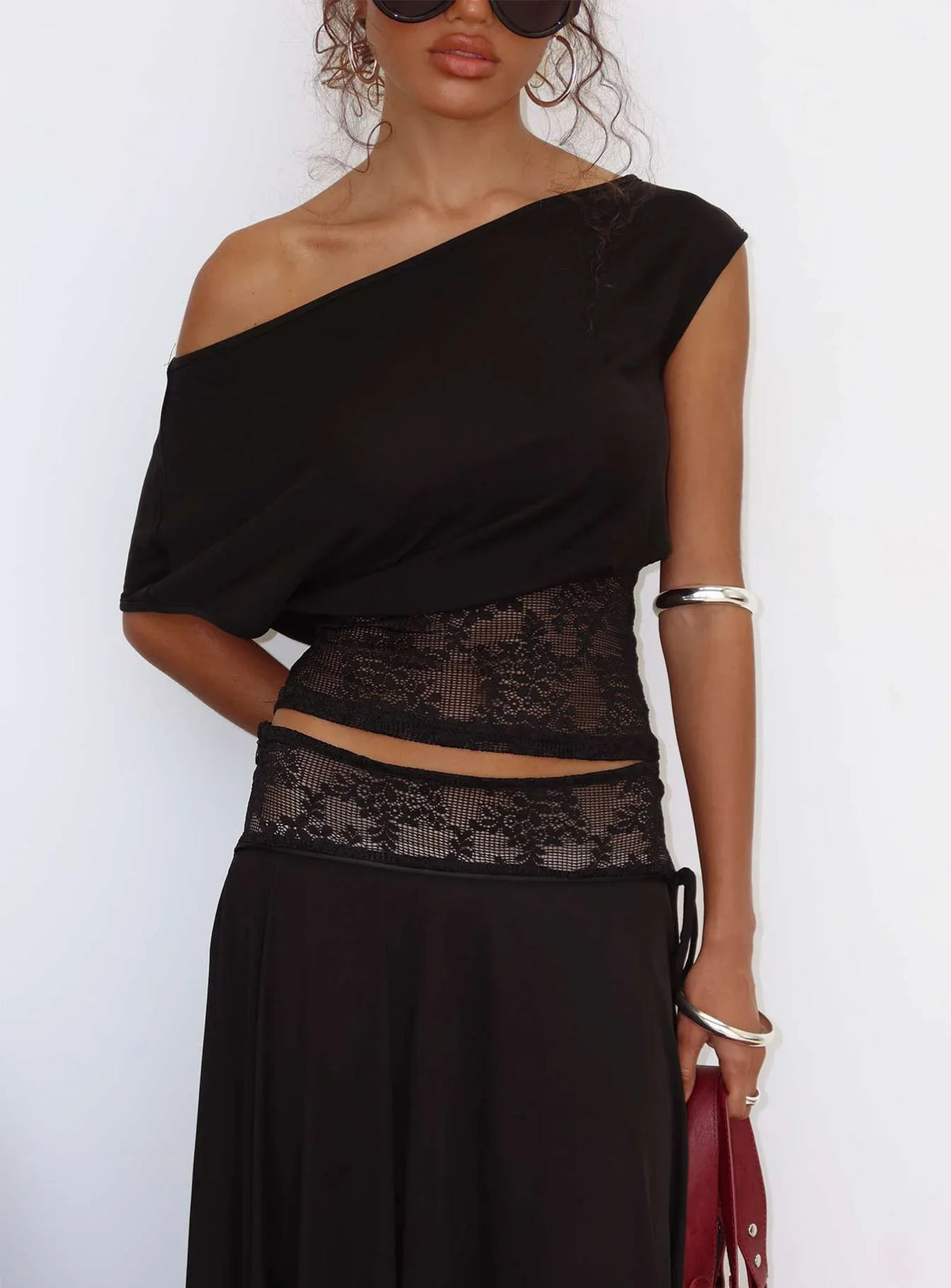 Marienna One Shoulder Lace Top Black