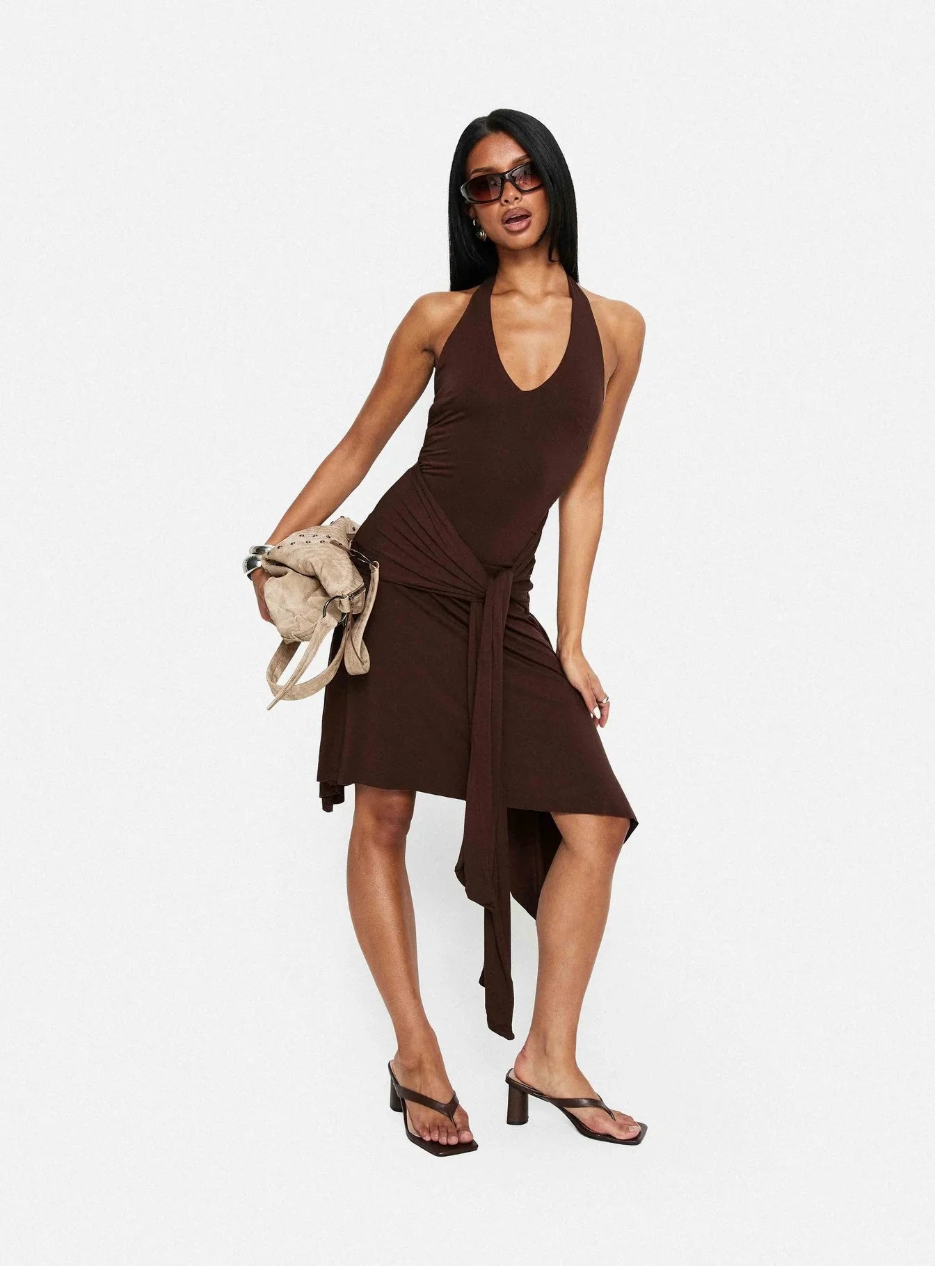 Moonlit Honey Asymmetrical Halter Jersey Midi Dress Chocolate