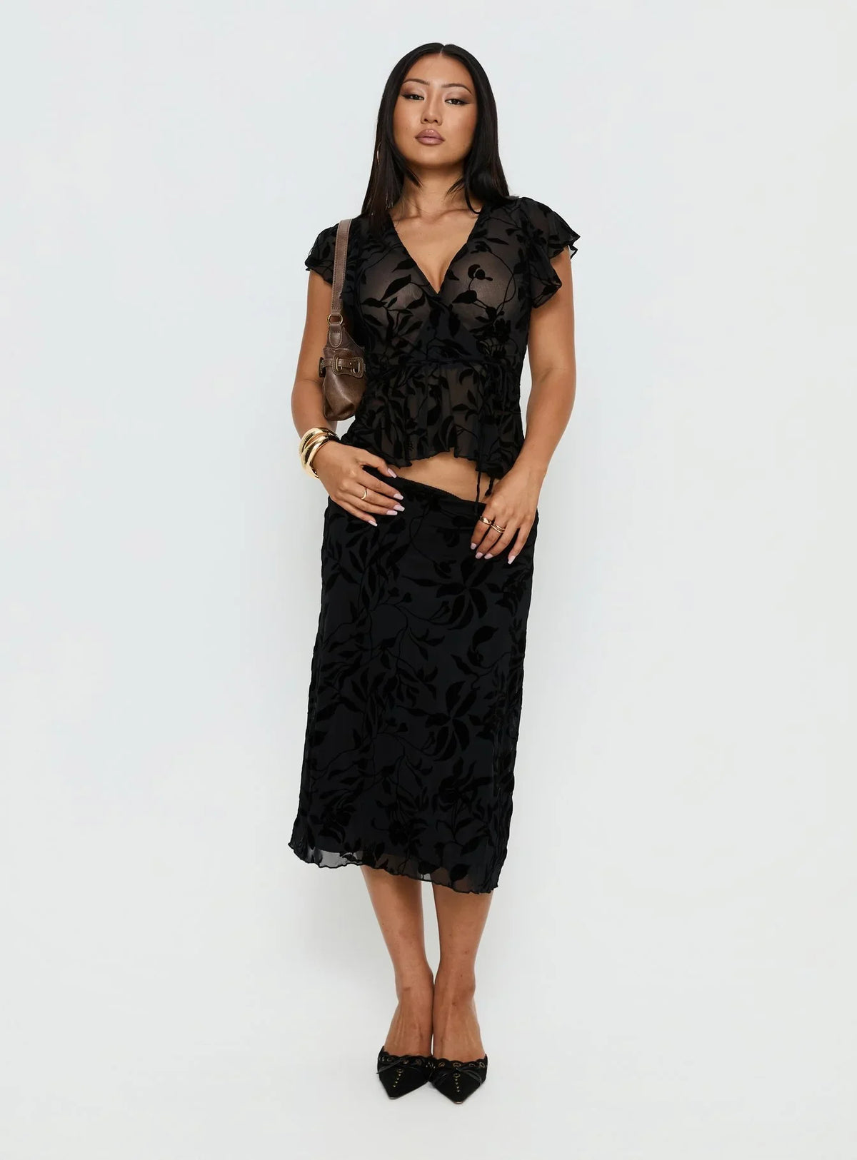 Atira Midi Skirt Leaf Flower Black