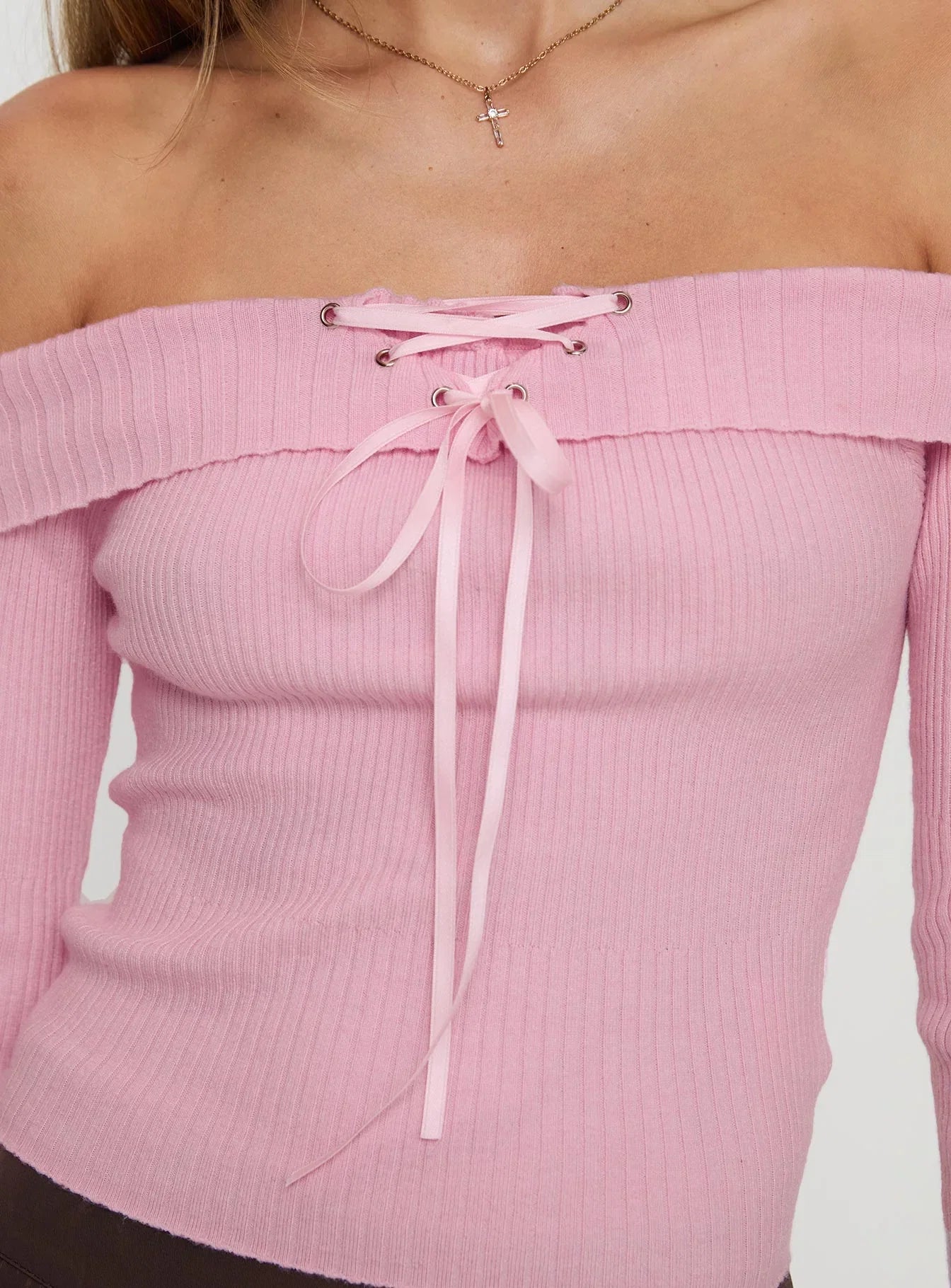 Nighttime Off Shoulder Knit Top Pink