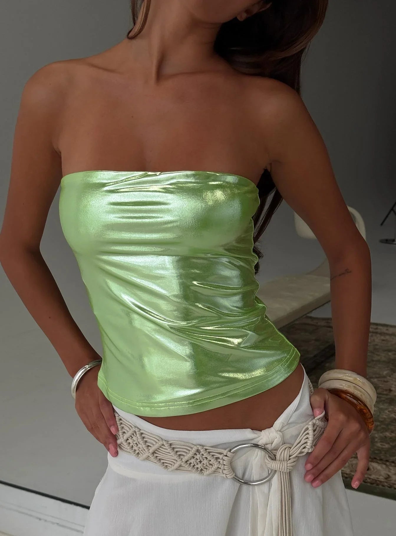 Mistyque Strapless Metallic Top Lime