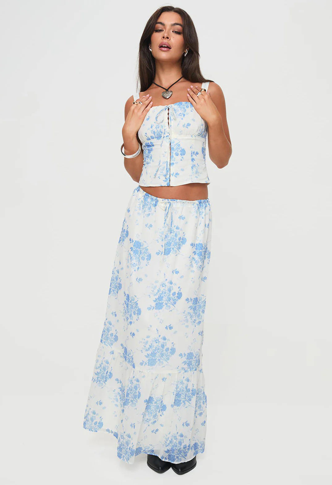 Modern Girl Maxi Skirt White Blue Floral