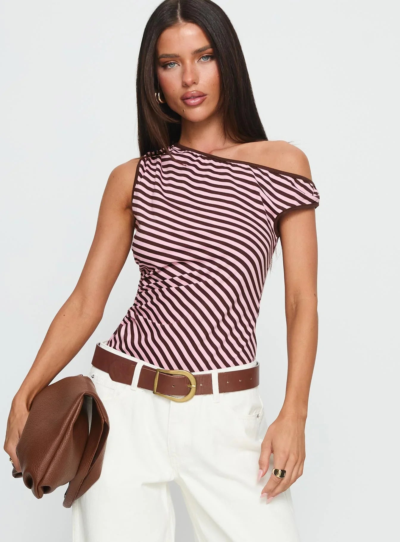 Ayviana One Shoulder Bodysuit Pink Brown Stripe