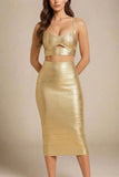 Selene Bandage Crop Top and Midi Skirt Set Gold