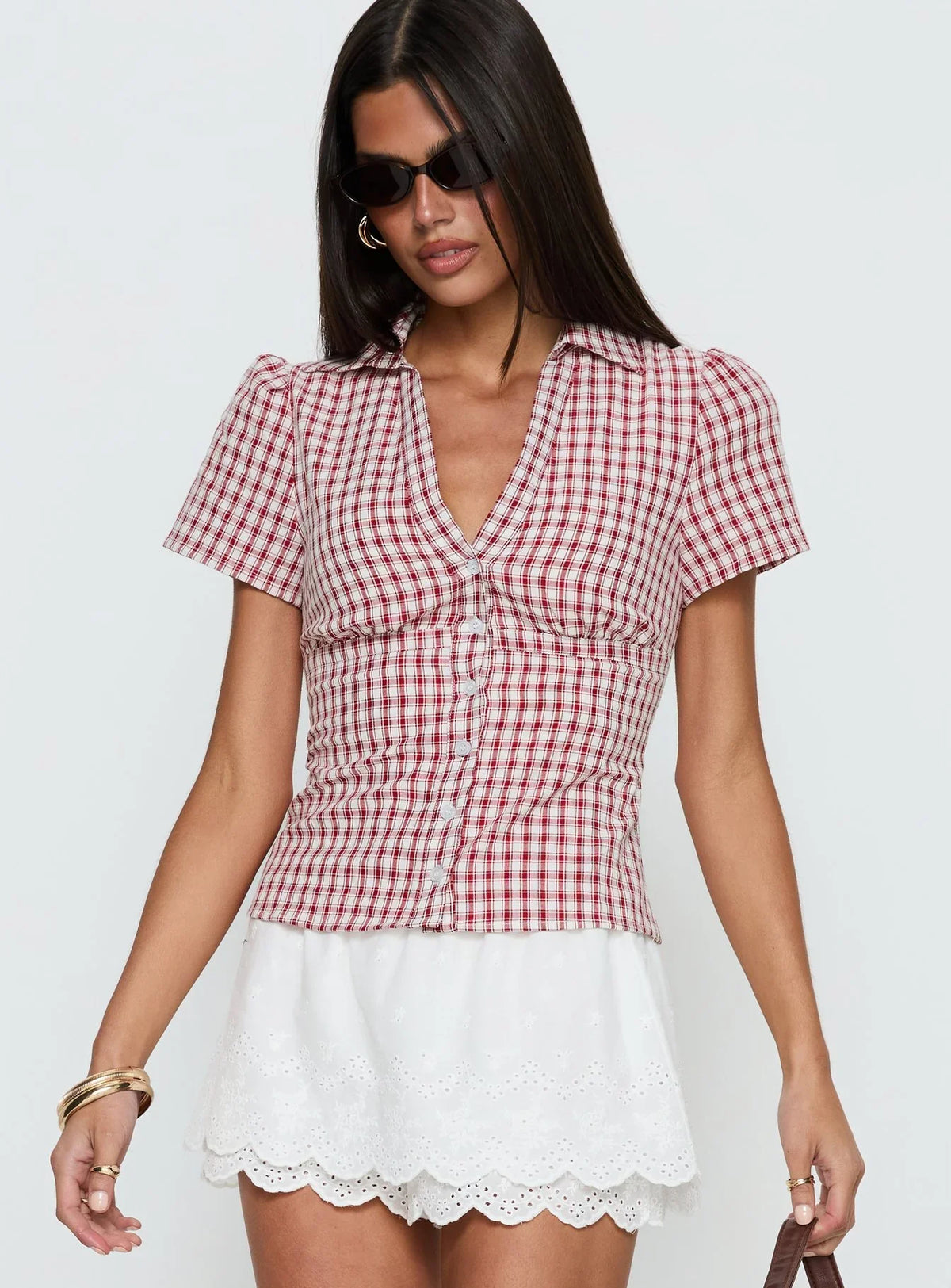 What A Show Button Up Top Red Check