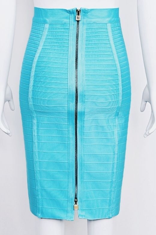 Pencil High Waist Bandage Knee Length Knitted Skirt Turquoise Blue