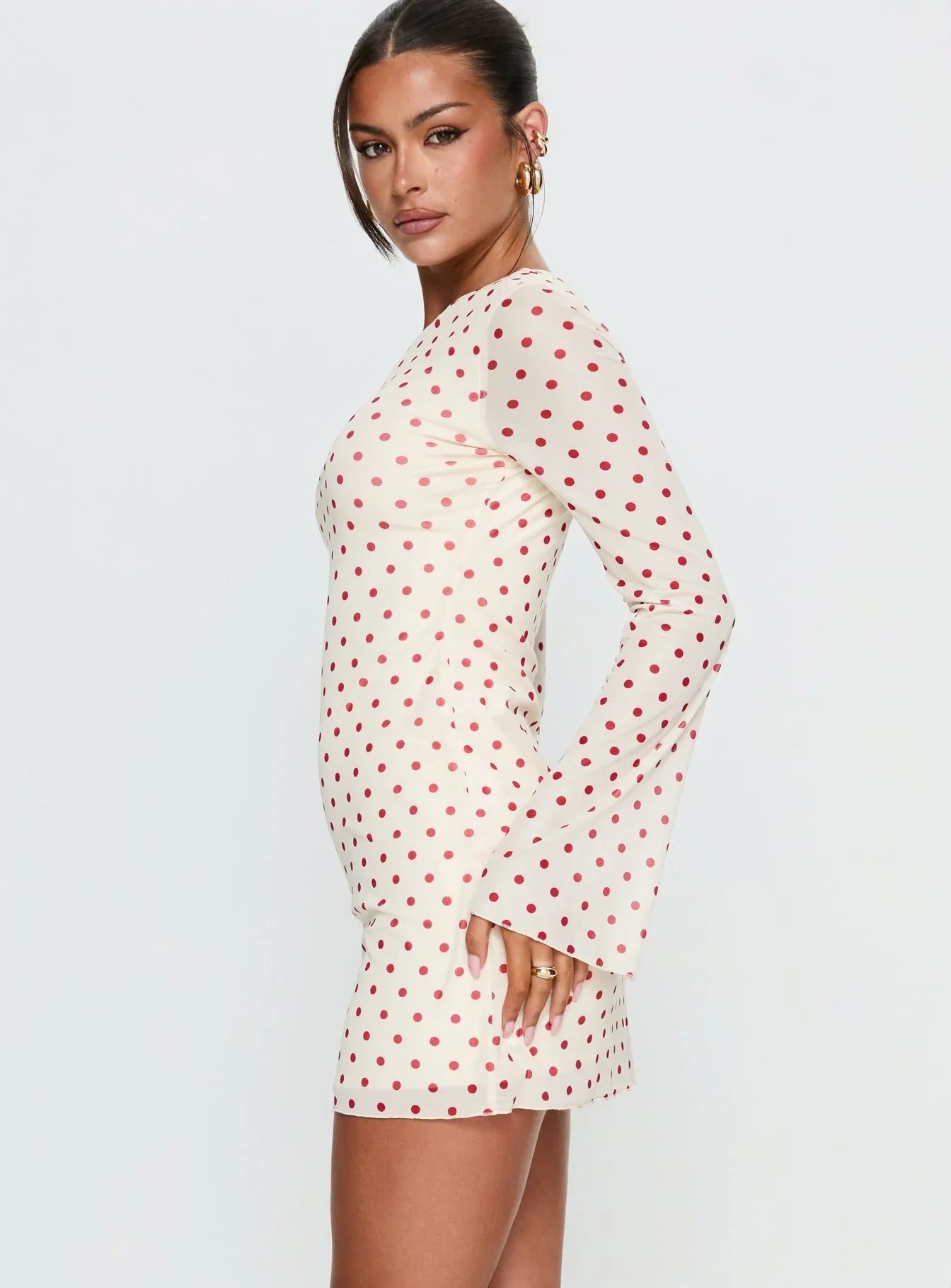 Nyxia Long Sleeve Mini Dress Cream Red Polka