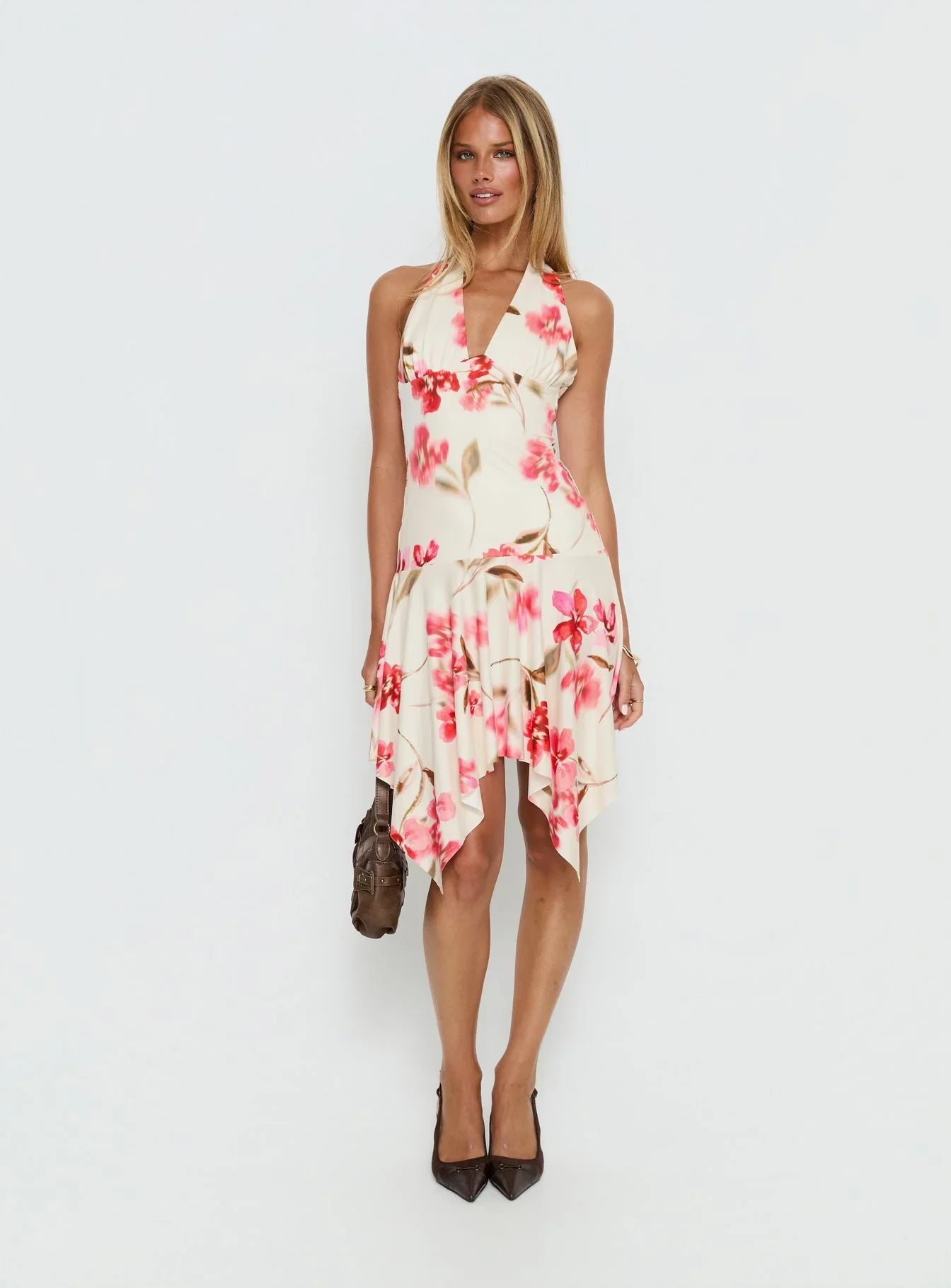 Loreza Halter Asymmetrical Midi Dress Cream Floral