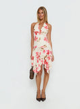Loreza Halter Asymmetrical Midi Dress Cream Floral